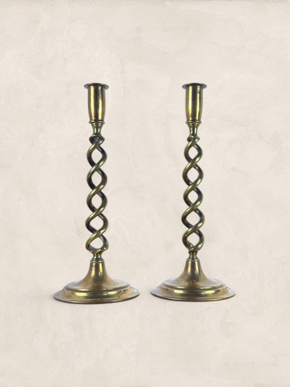 Antique English Pair of Large Brass Twist Candlesticks