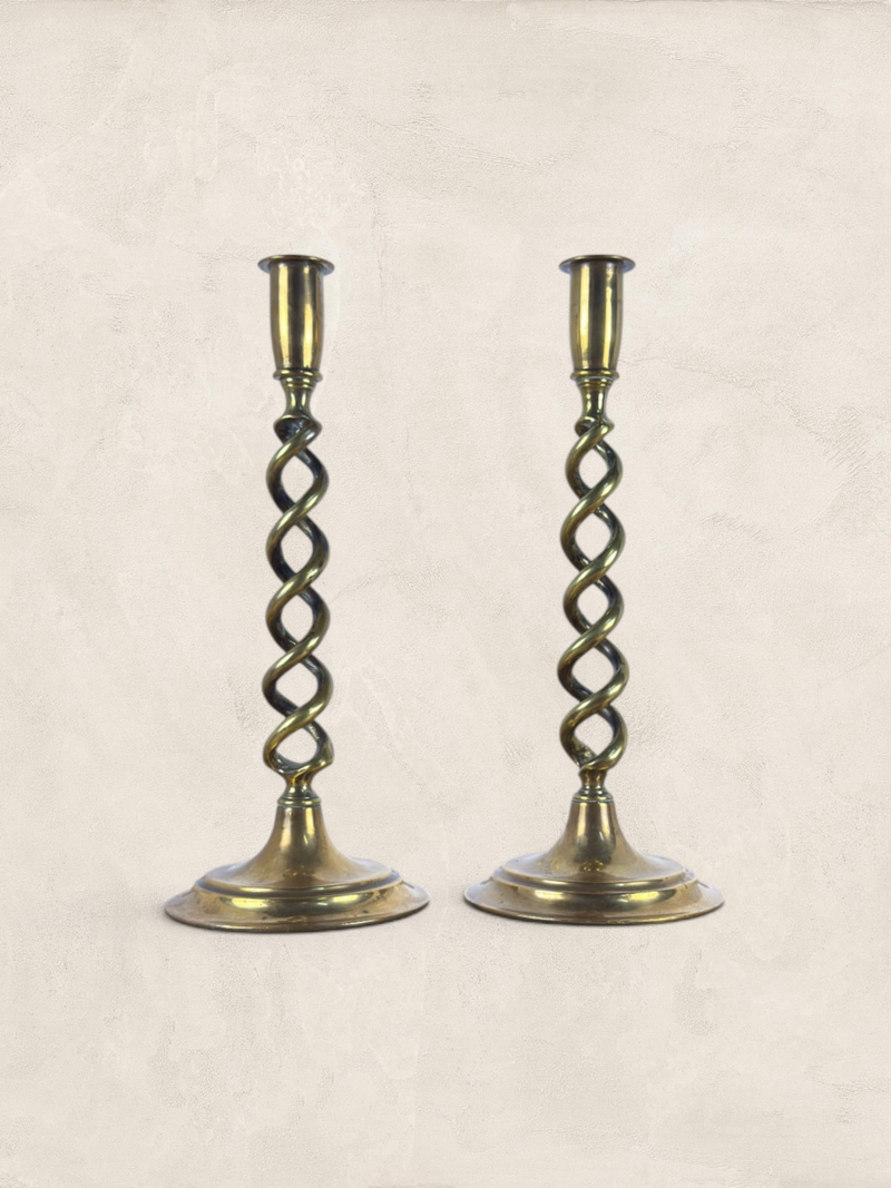 Antique English Pair of Large Brass Twist Candlesticks