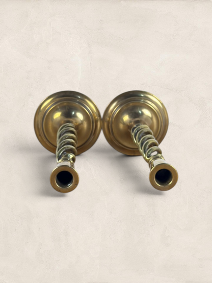 Antique English Pair of Large Brass Twist Candlesticks