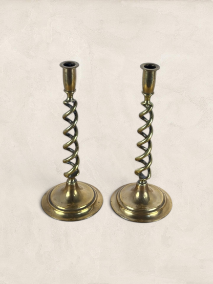 Antique English Pair of Large Brass Twist Candlesticks