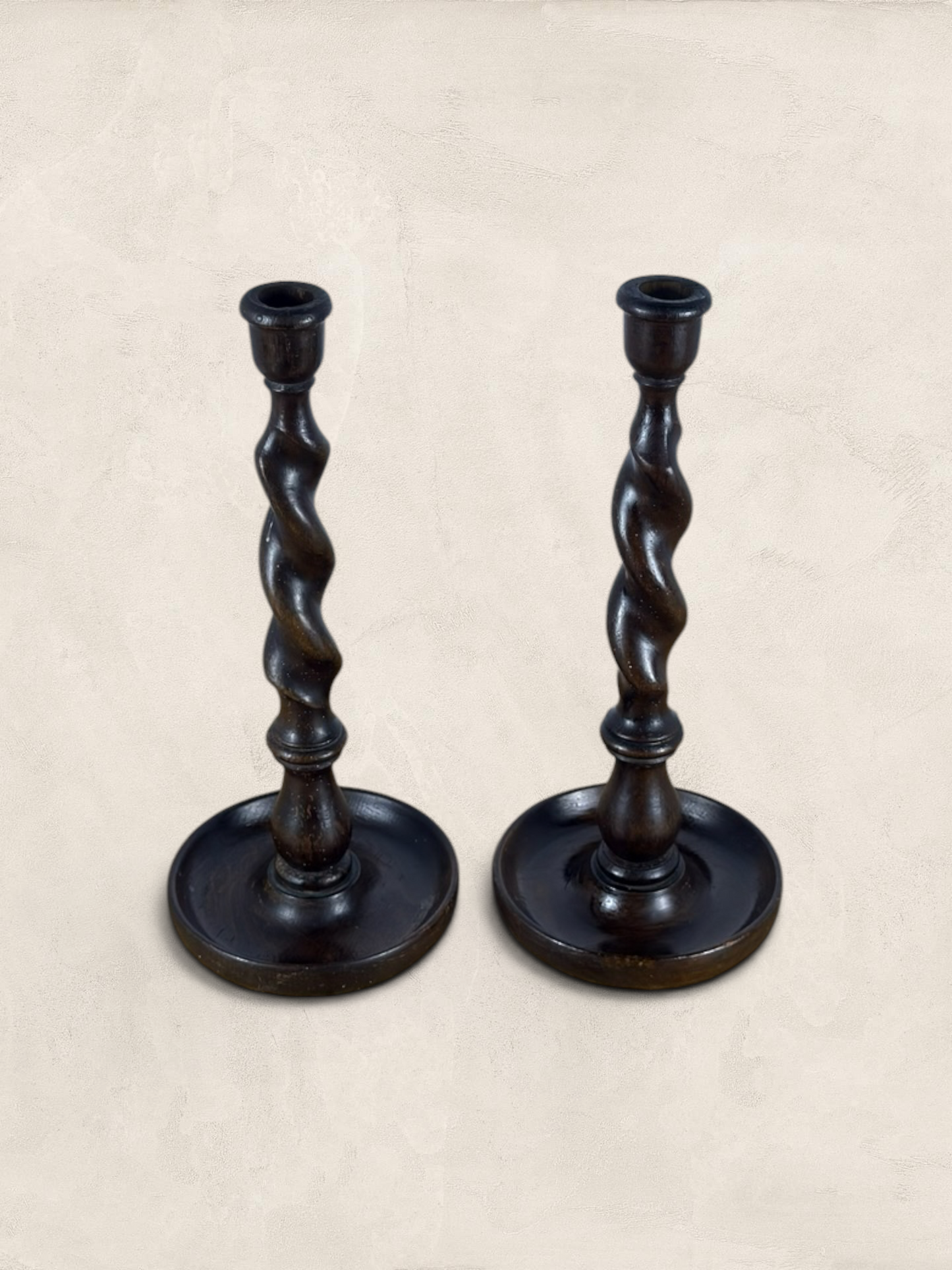 English Oak Barley Twist Large Candlesticks