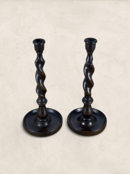 English Oak Barley Twist Large Candlesticks