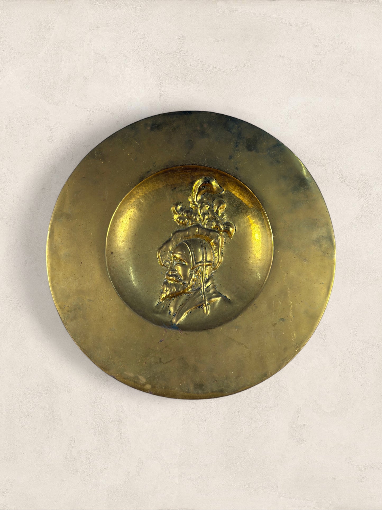 English Repoussé Brass Wall Charger With Renaissance Portrait