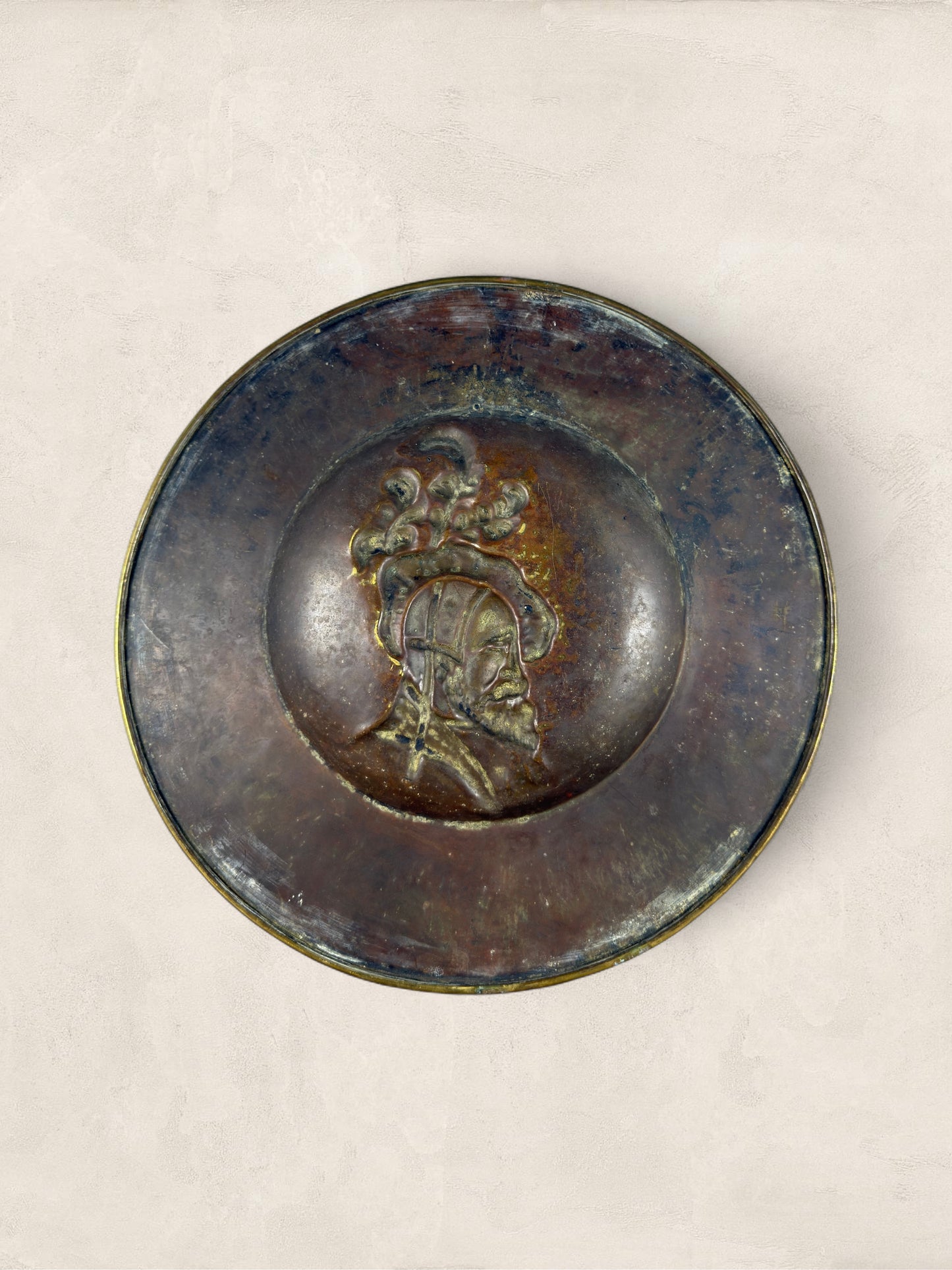 English Repoussé Brass Wall Charger With Renaissance Portrait