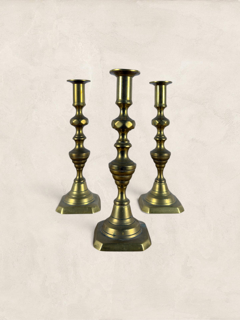 English Brass Candlesticks, Set of 3
