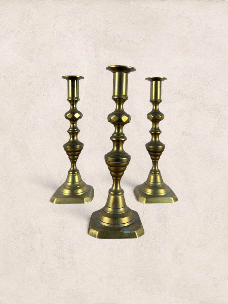 English Brass Candlesticks, Set of 3