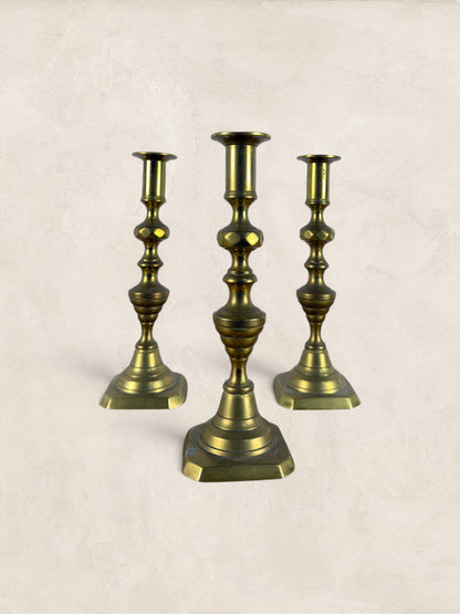 English Brass Candlesticks, Set of 3