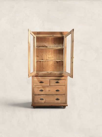 Victorian Pine Display Cabinet with Glazed Doors and Drawers