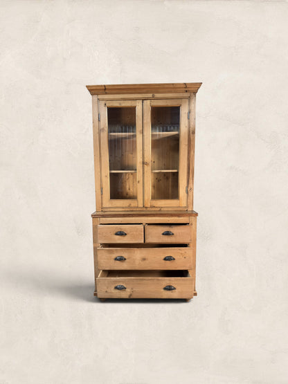 Victorian Pine Display Cabinet with Glazed Doors and Drawers