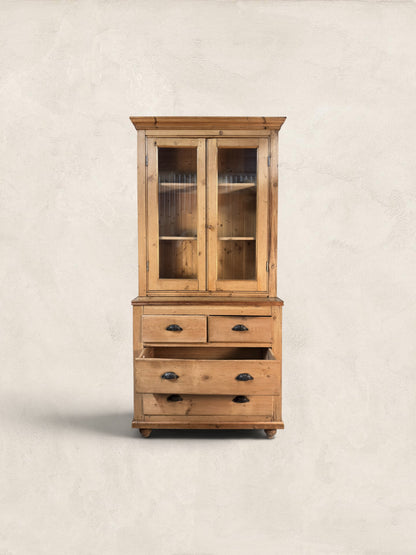 Victorian Pine Display Cabinet with Glazed Doors and Drawers