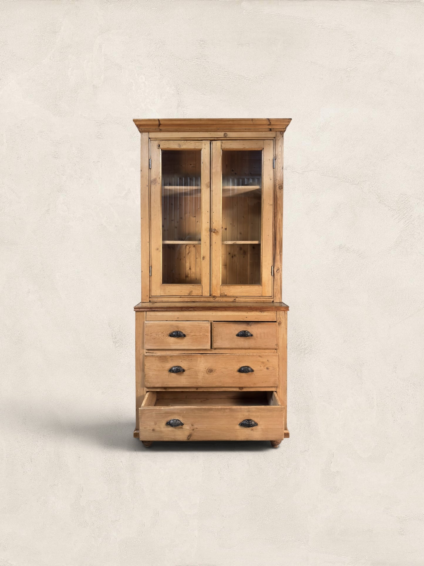 Victorian Pine Display Cabinet with Glazed Doors and Drawers