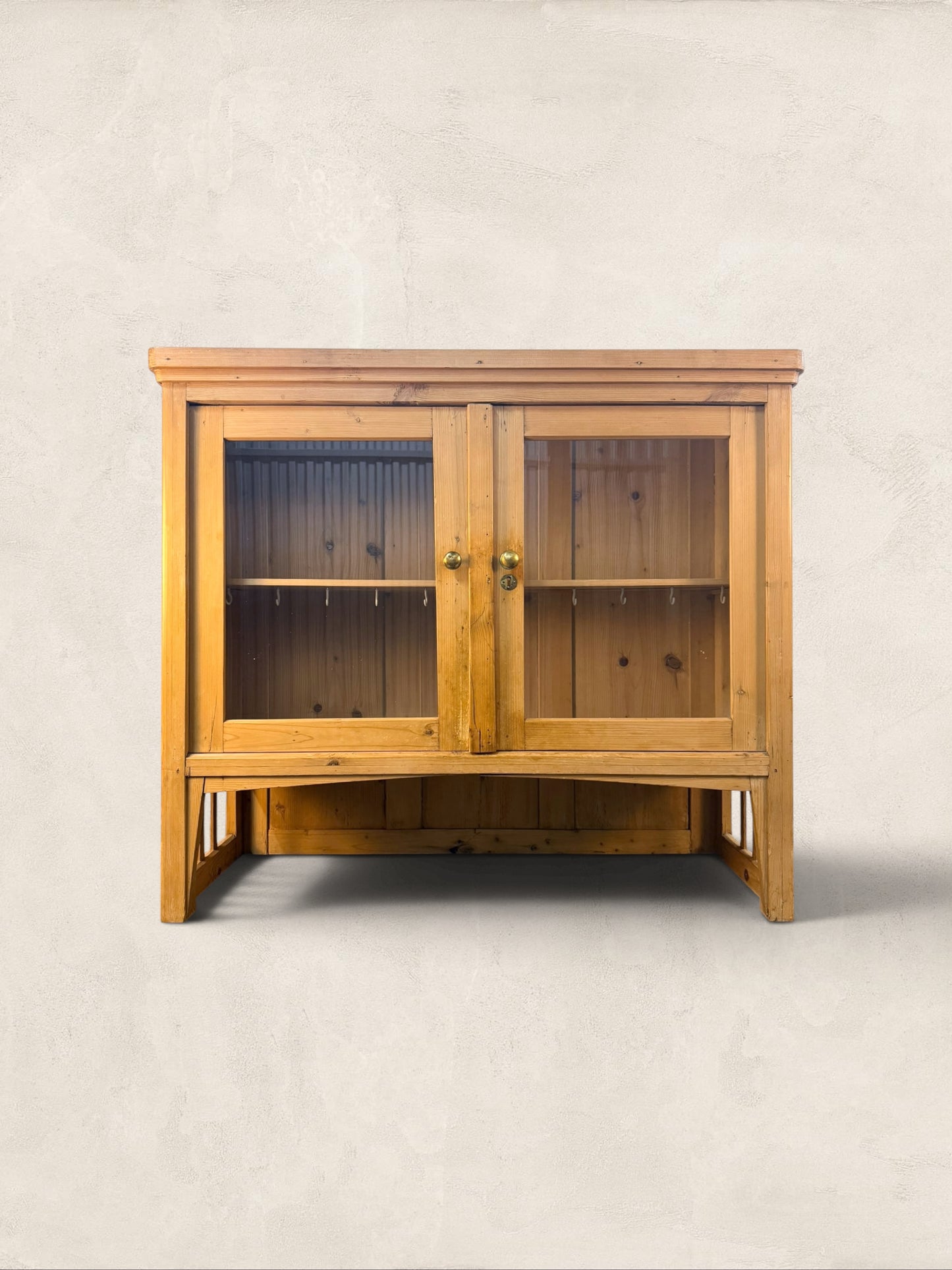 English Pine Glazed Hanging Kitchen Cupboard with Cup Hooks