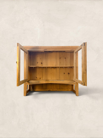 English Pine Glazed Hanging Kitchen Cupboard with Cup Hooks