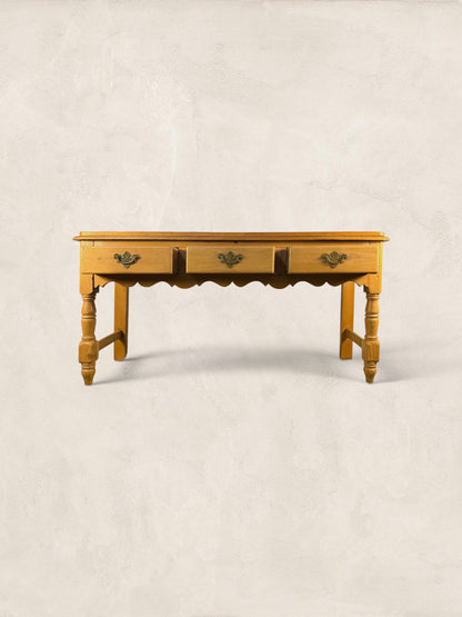 English Pine Work Table with Drawers and Scalloped Apron