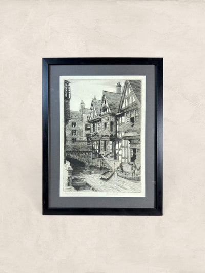 Framed Signed Etching of The Old Weavers' Houses, Canterbury