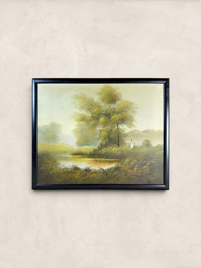 Framed River Landscape Oil Painting Signed by J. Watt