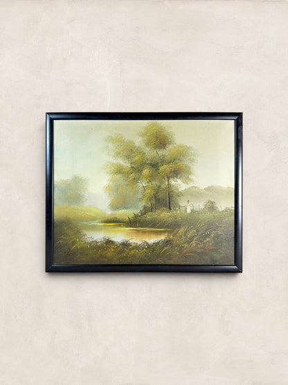 Vintage Oil on Canvas River Landscape - J. Watt