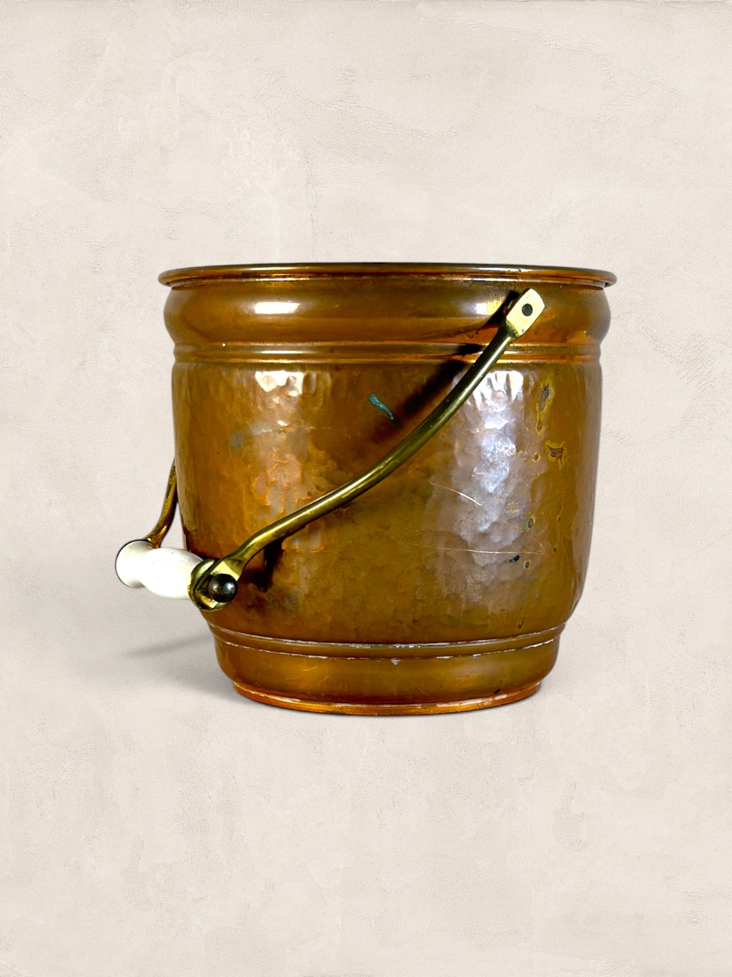 Antique Hammered Copper Planter with Porcelain Handle