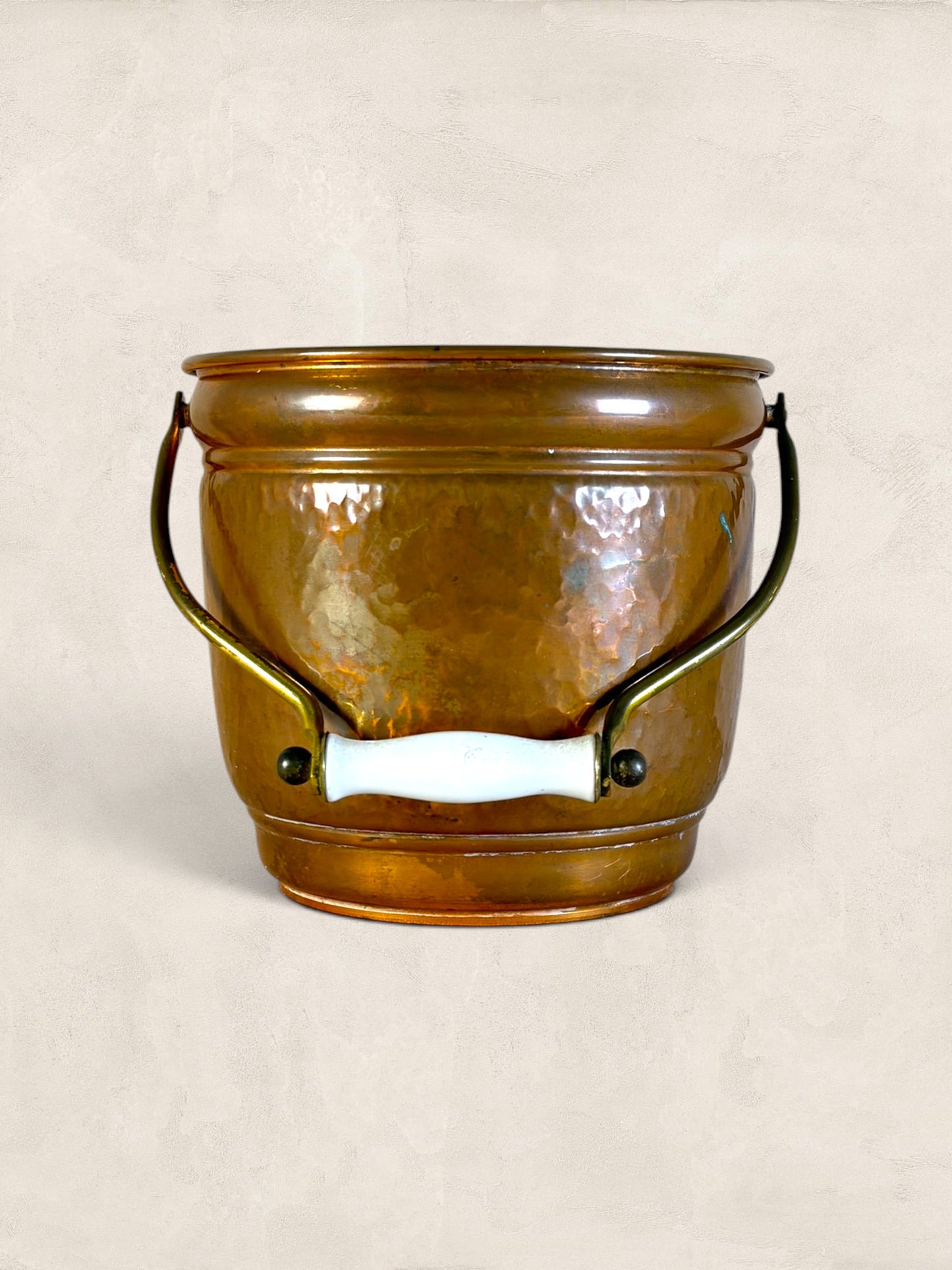 Antique Hammered Copper Planter with Porcelain Handle