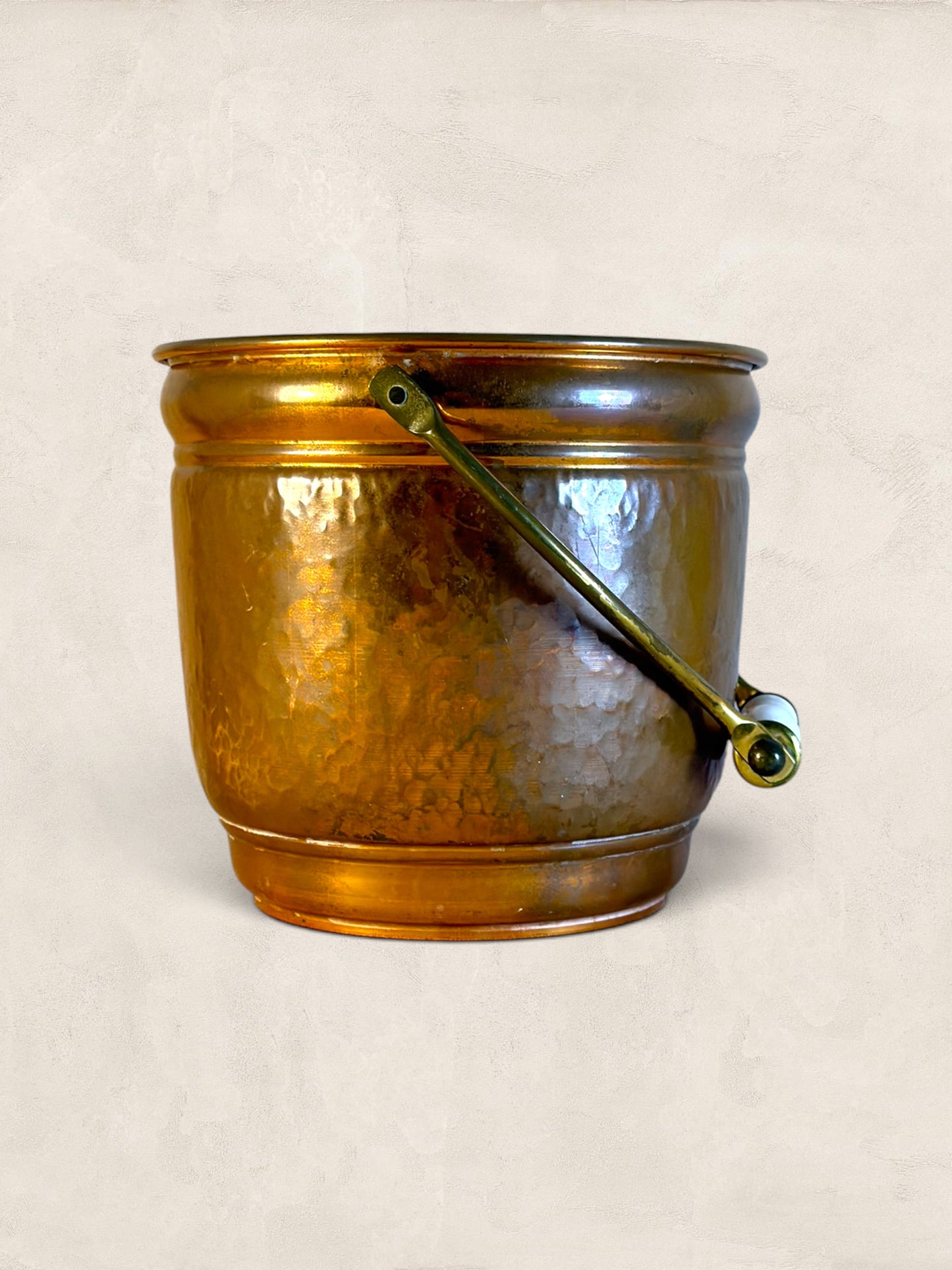 Antique Hammered Copper Planter with Porcelain Handle