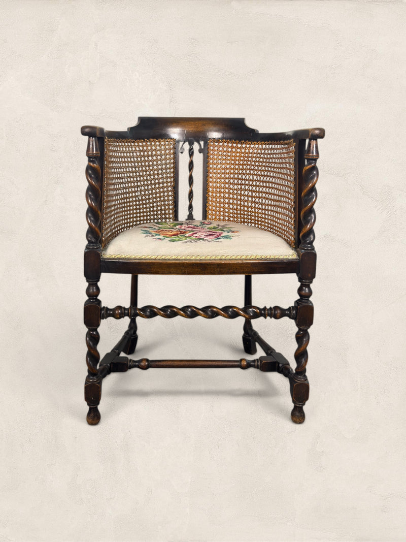 English Oak Cane Tub Chair with Floral Needlepoint Seat