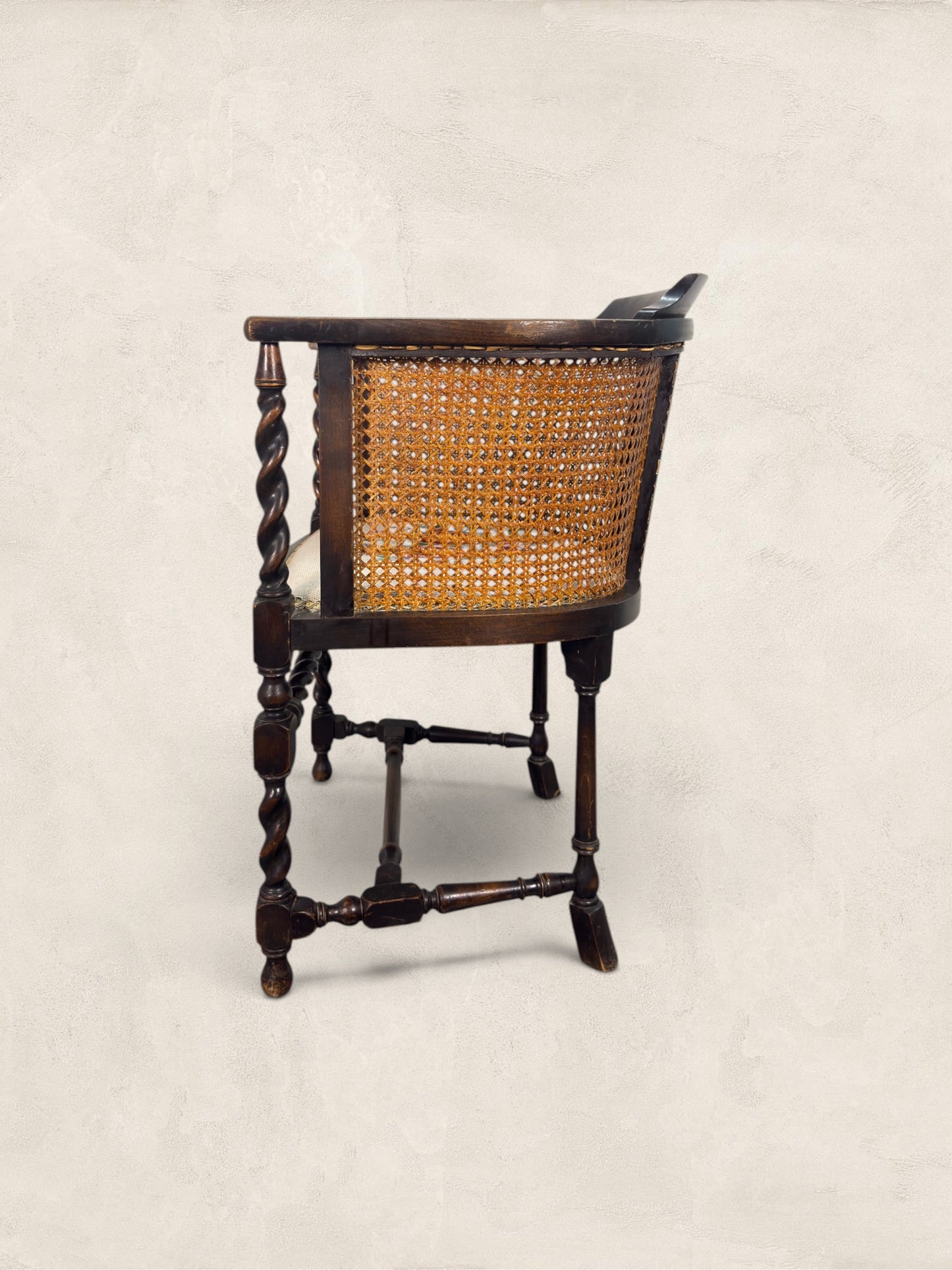 English Oak Cane Tub Chair with Floral Needlepoint Seat