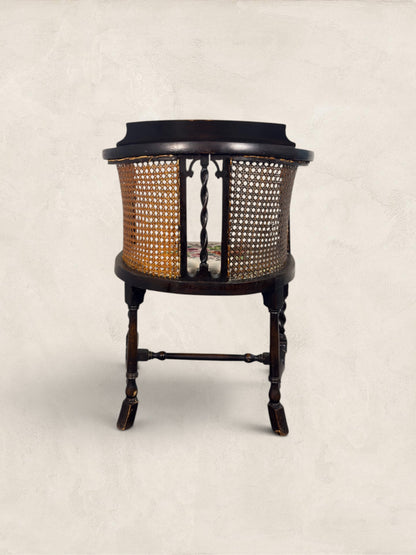 English Oak Cane Tub Chair with Floral Needlepoint Seat