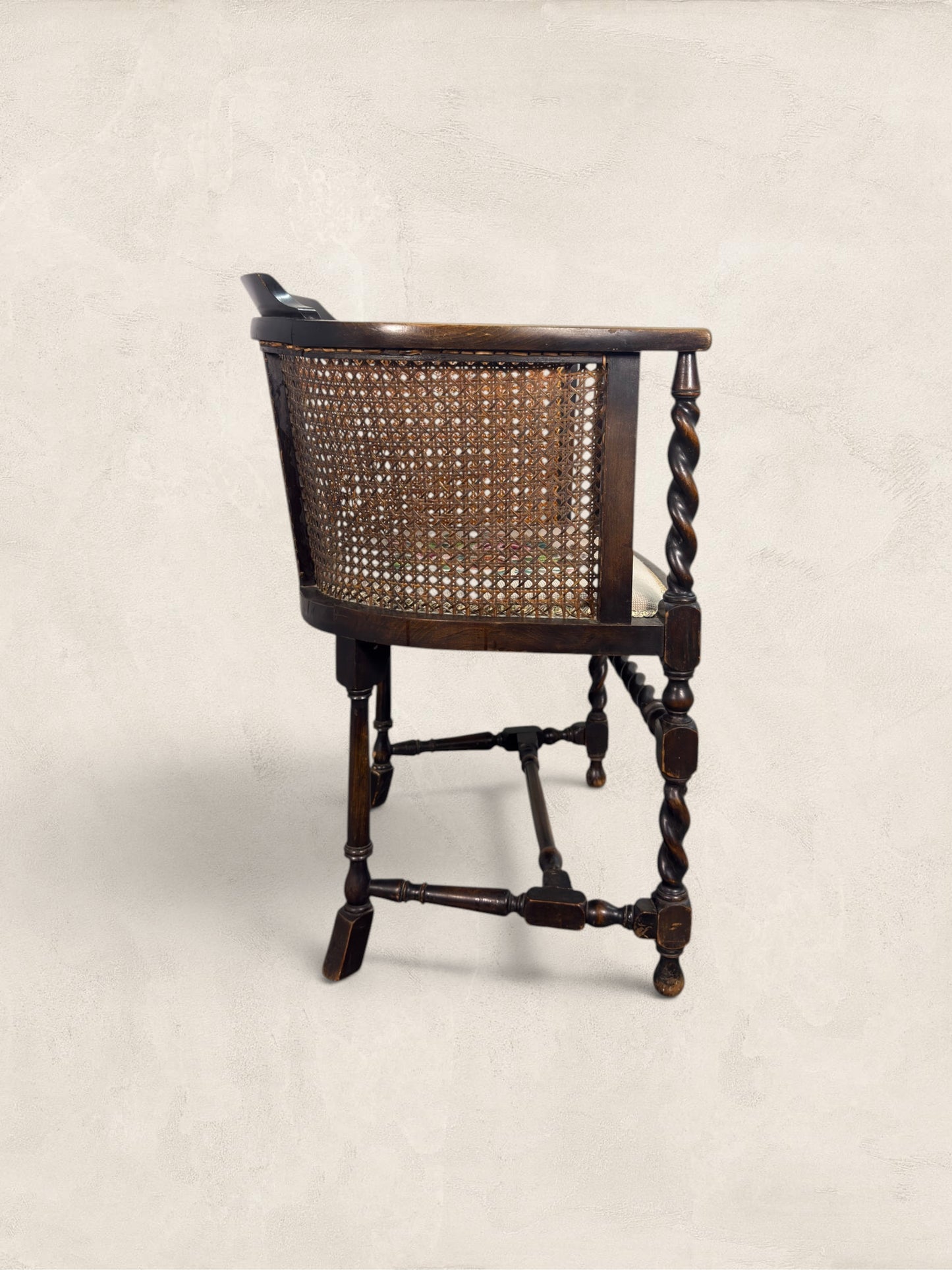 English Oak Cane Tub Chair with Floral Needlepoint Seat