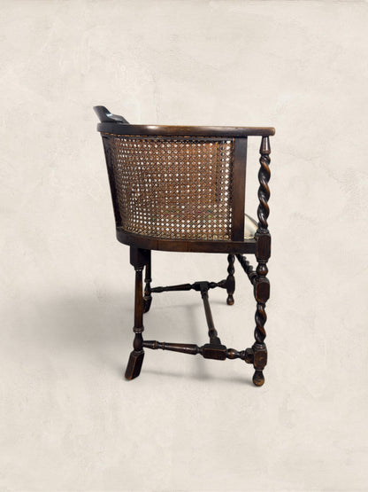 English Oak Cane Tub Chair with Floral Needlepoint Seat
