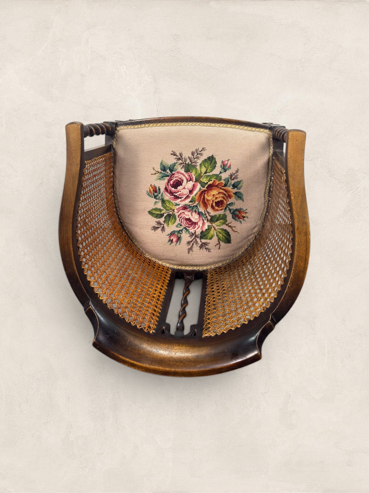 English Oak Cane Tub Chair with Floral Needlepoint Seat