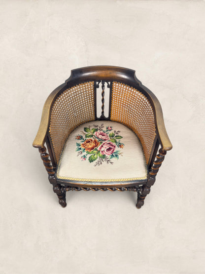 English Oak Cane Tub Chair with Floral Needlepoint Seat