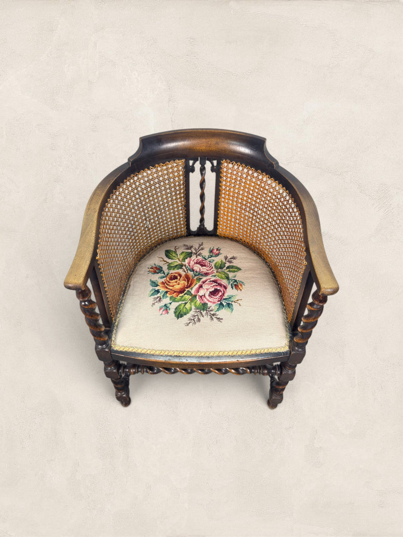 English Oak Cane Tub Chair with Floral Needlepoint Seat