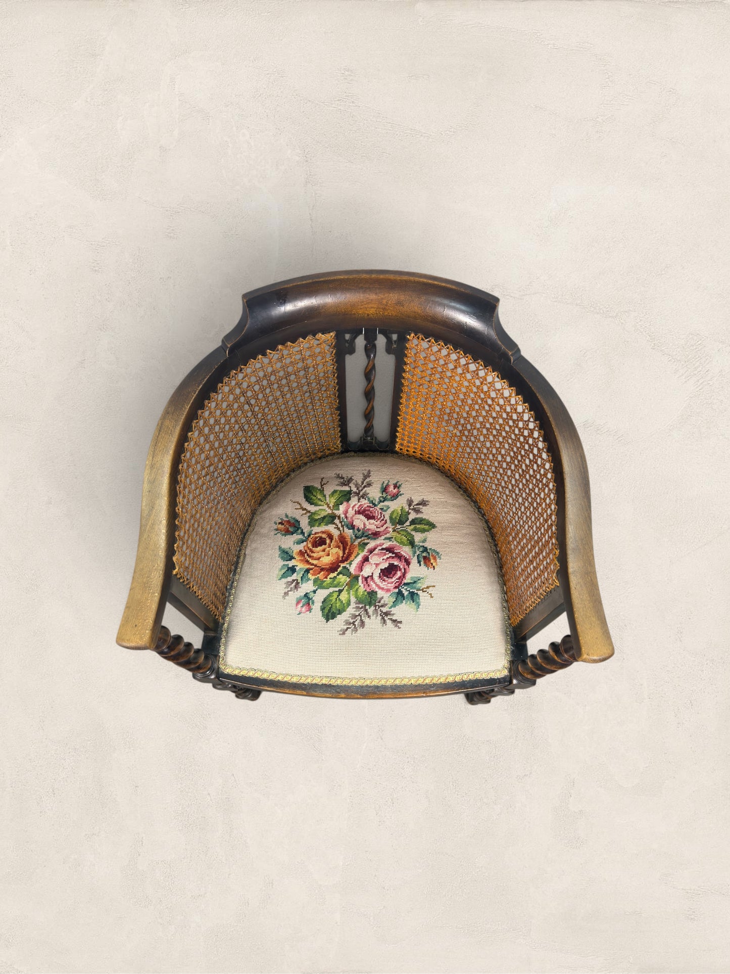 English Oak Cane Tub Chair with Floral Needlepoint Seat
