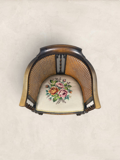 English Oak Cane Tub Chair with Floral Needlepoint Seat