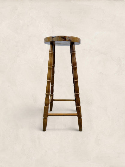 Vintage British Turned Leg Wooden Round Stool