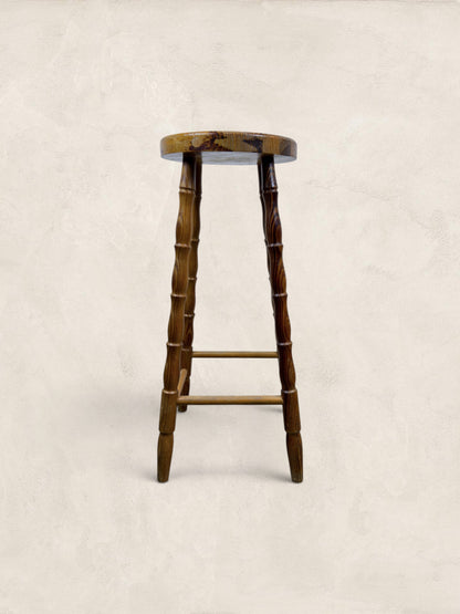 Vintage British Turned Leg Wooden Round Stool