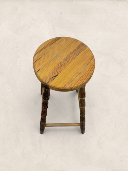 Vintage British Turned Leg Wooden Round Stool