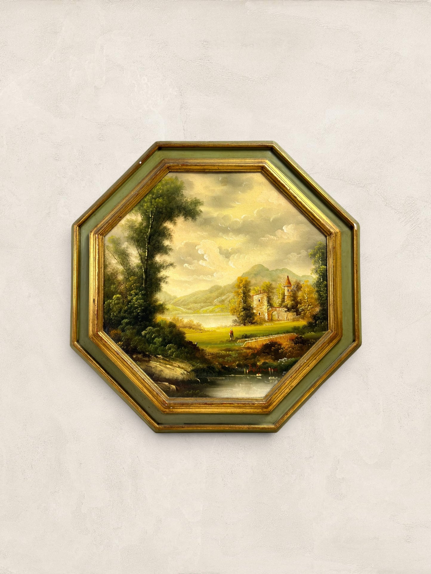 Vintage Octagonal Oil on Board Loch Side Landscape, Signed