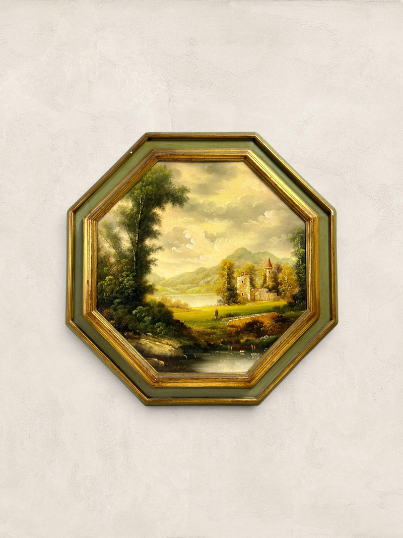 Vintage Octagonal Oil on Board Loch Side Landscape, Signed
