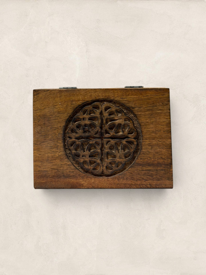 Vintage Handcrafted Wooden Jewelry Box with Celtic Knot Carving