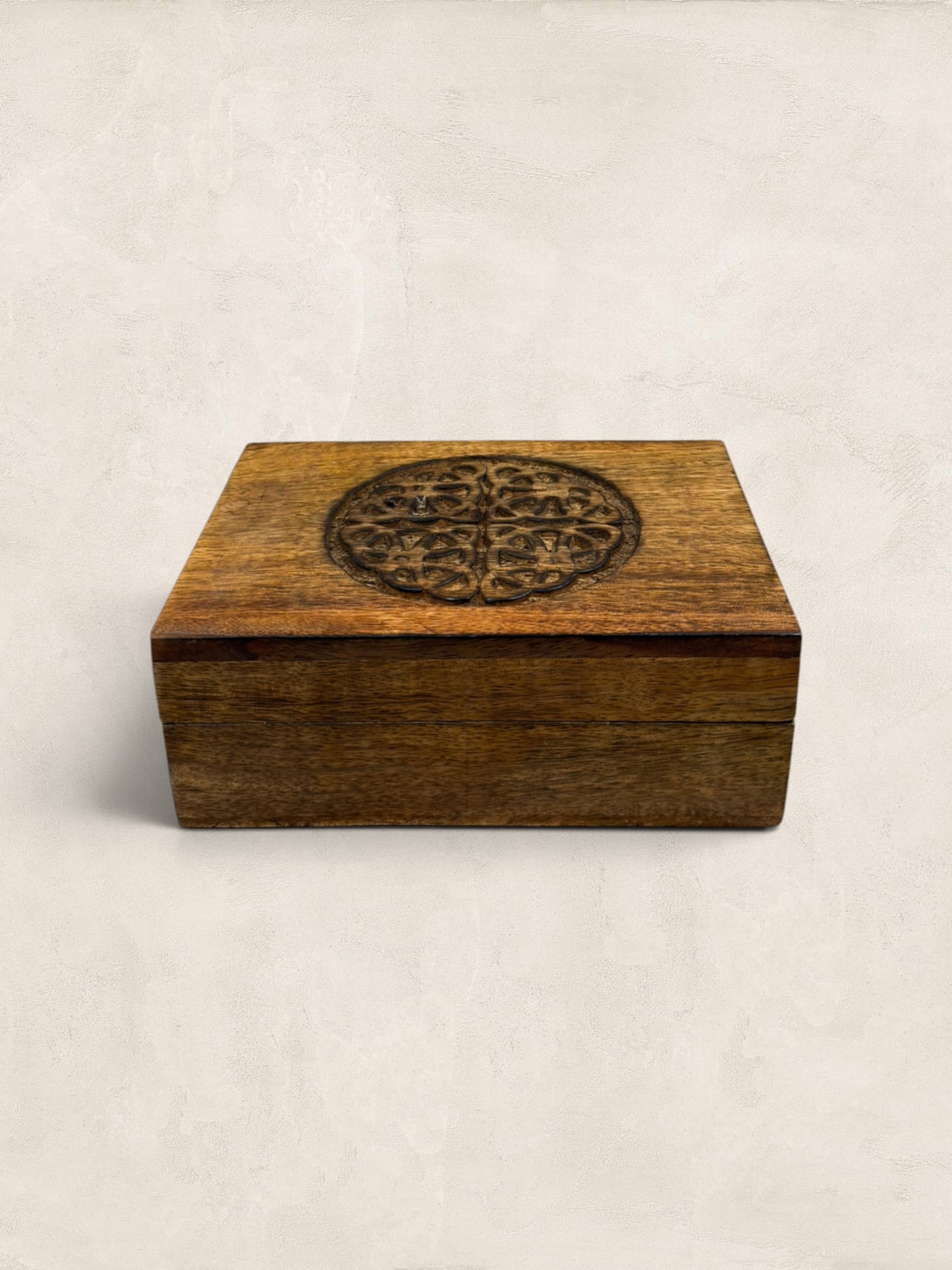 Vintage Handcrafted Wooden Jewelry Box with Celtic Knot Carving