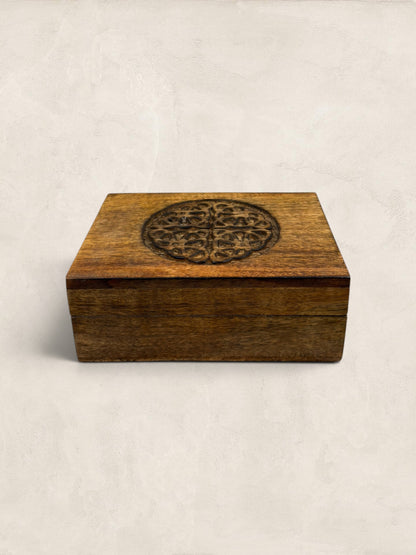 Vintage Handcrafted Wooden Jewelry Box with Celtic Knot Carving