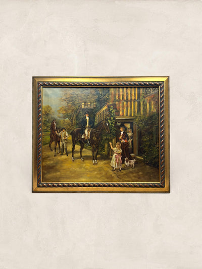 Framed English Country House Equestrian Scene Oil Painting