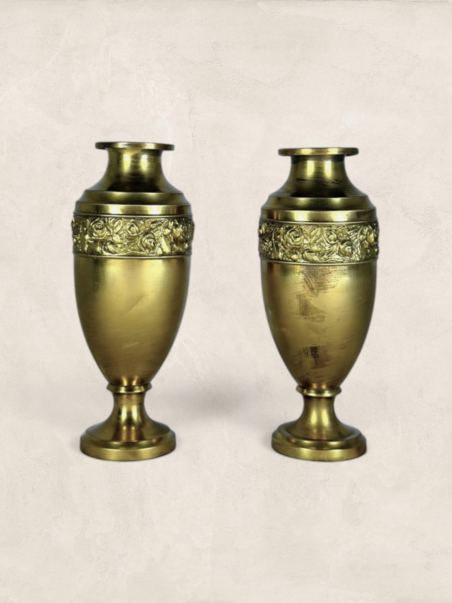 Victorian Brass Vases with repoussé floral decoration (Pair)