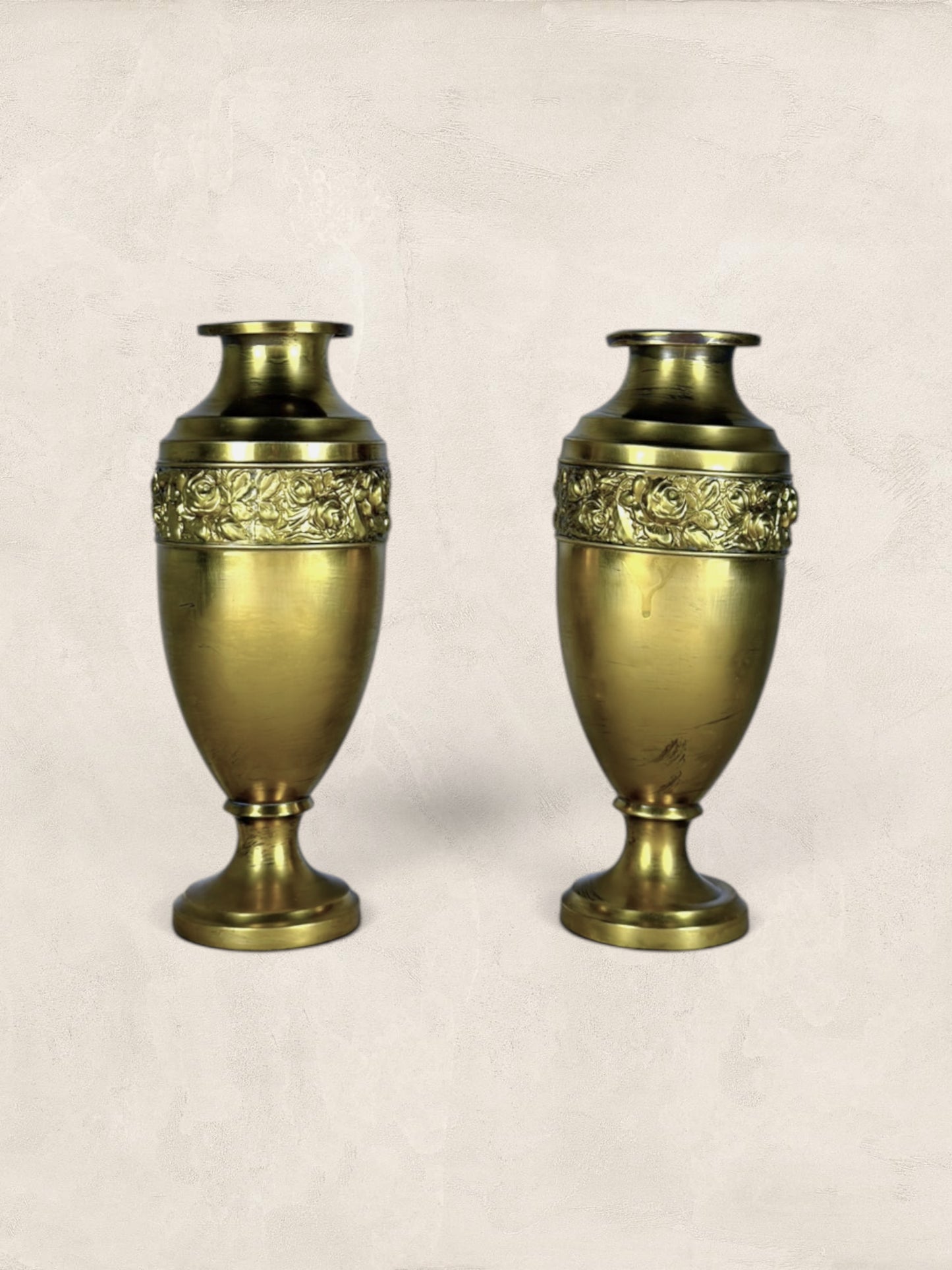 Victorian Brass Vases with repoussé floral decoration (Pair)