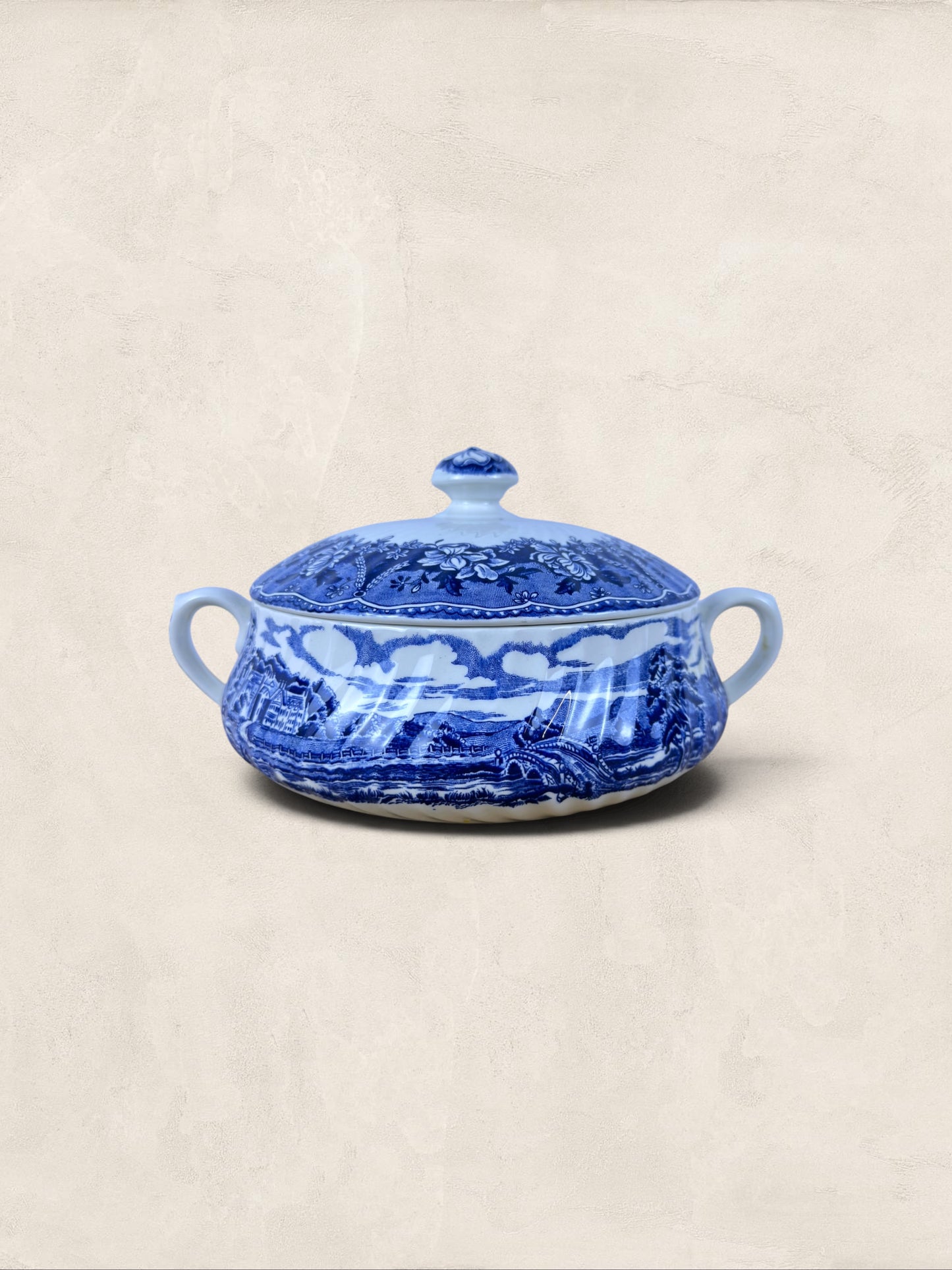 English Blue & White “Old Castle” Covered Tureen by Barratts Staffordshire