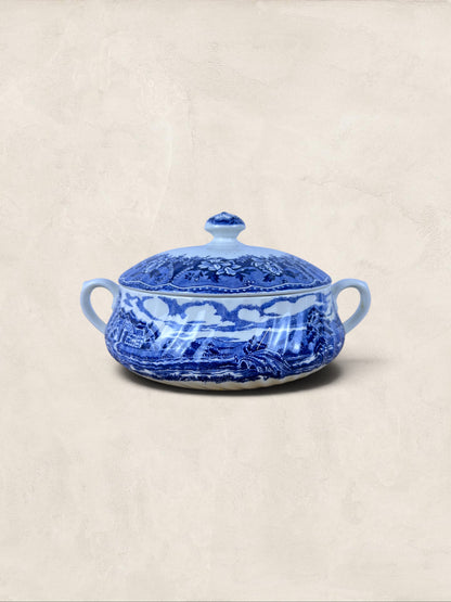 English Blue & White “Old Castle” Covered Tureen by Barratts Staffordshire