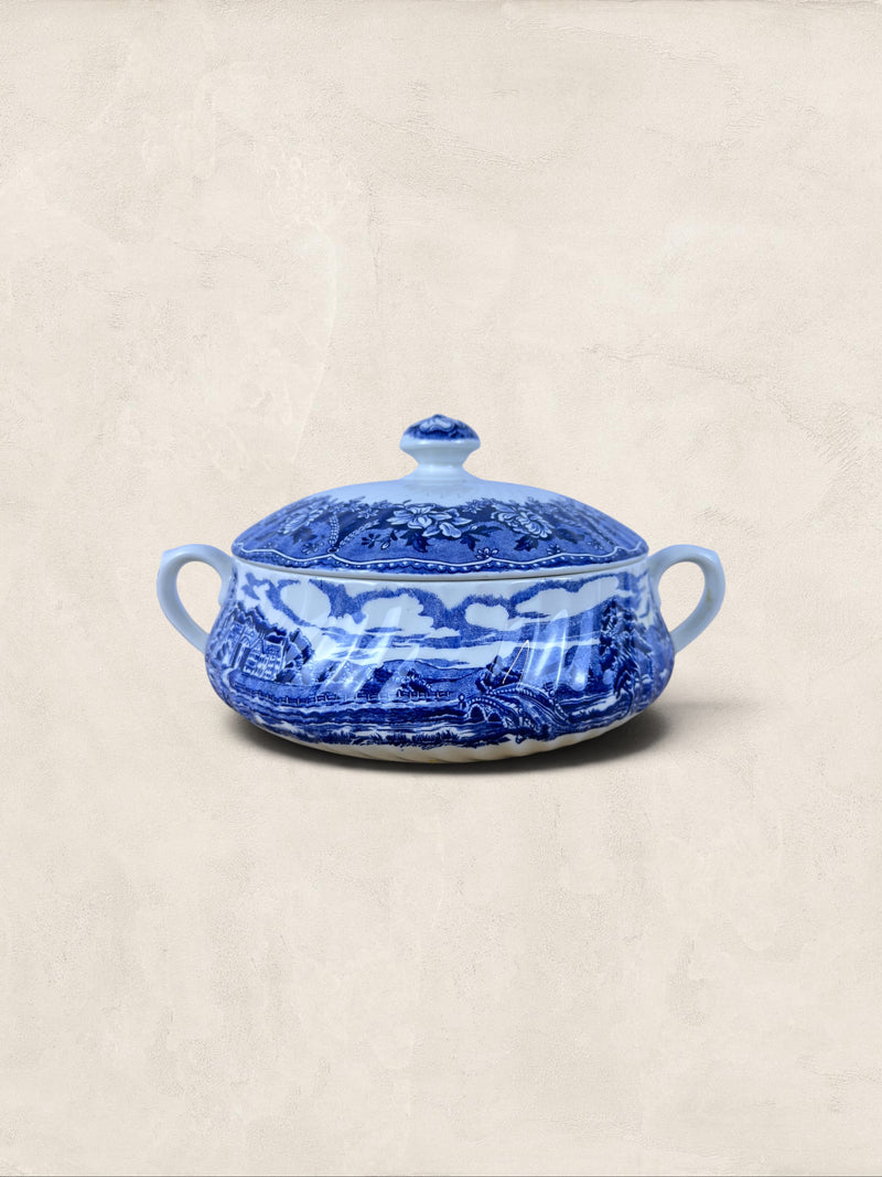English Blue & White “Old Castle” Covered Tureen by Barratts Staffordshire