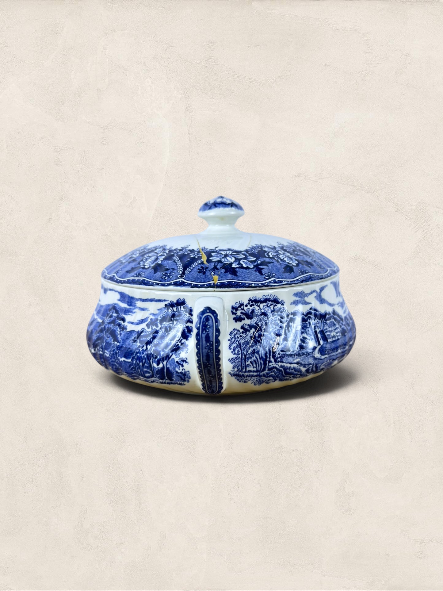 English Blue & White “Old Castle” Covered Tureen by Barratts Staffordshire