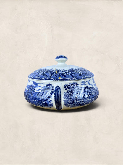 English Blue & White “Old Castle” Covered Tureen by Barratts Staffordshire